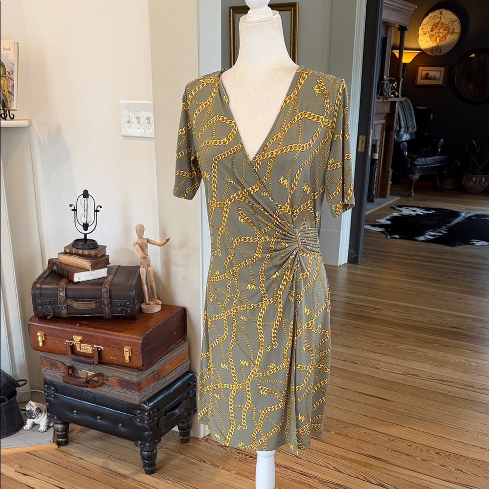 Michael Kors MK Chain Print Faux Wrap Dress. Size Medium